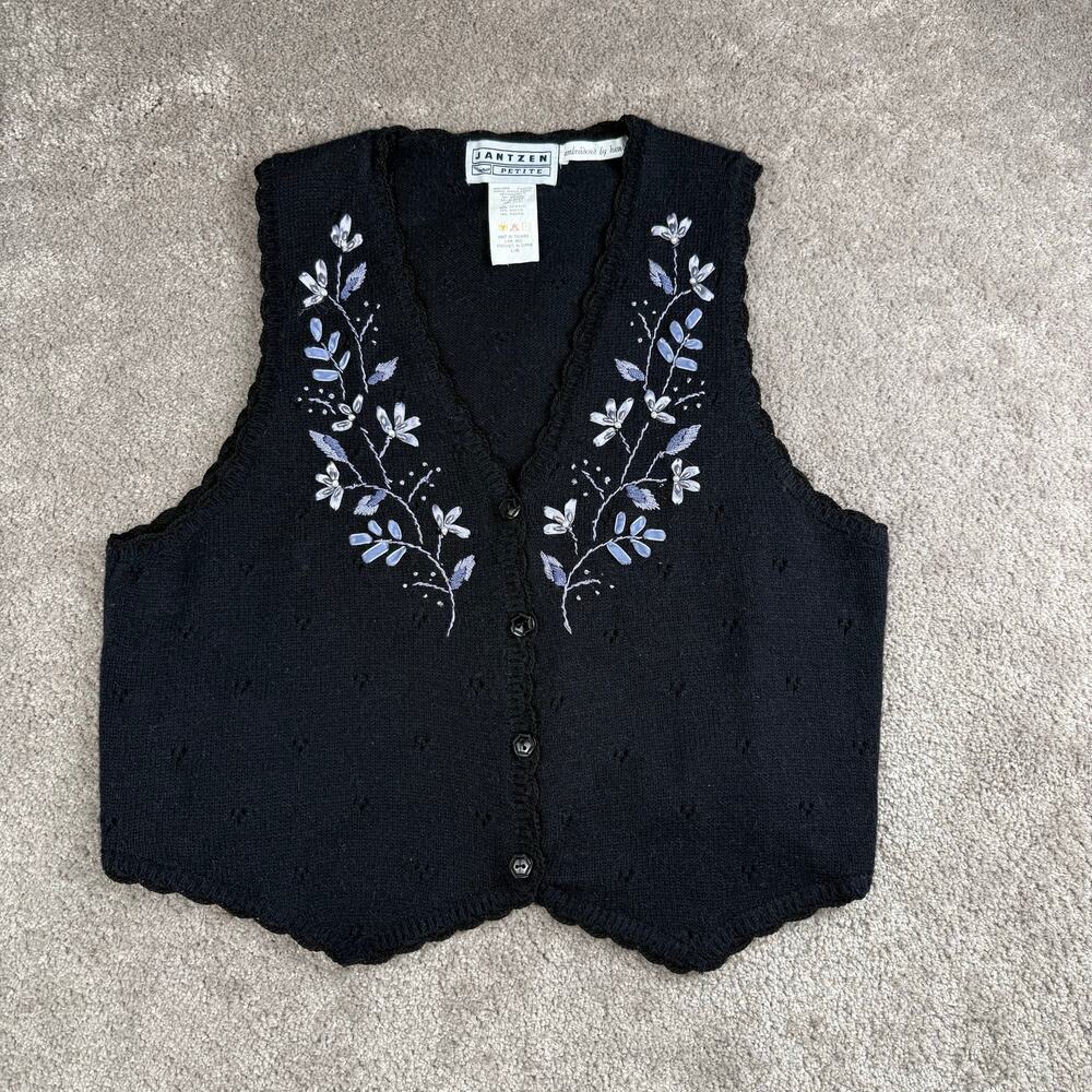 Vtg Floral Embroidered Sweater Vest Black Pointelle Knit Size L Grandma Preppy